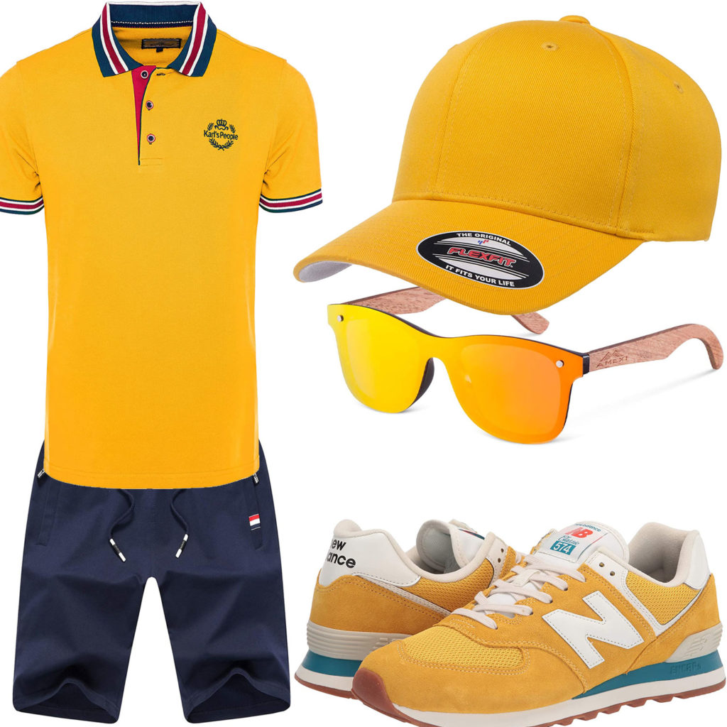 Gelbes Herrenoutfit mit Poloshirt, Sneaker und Cap