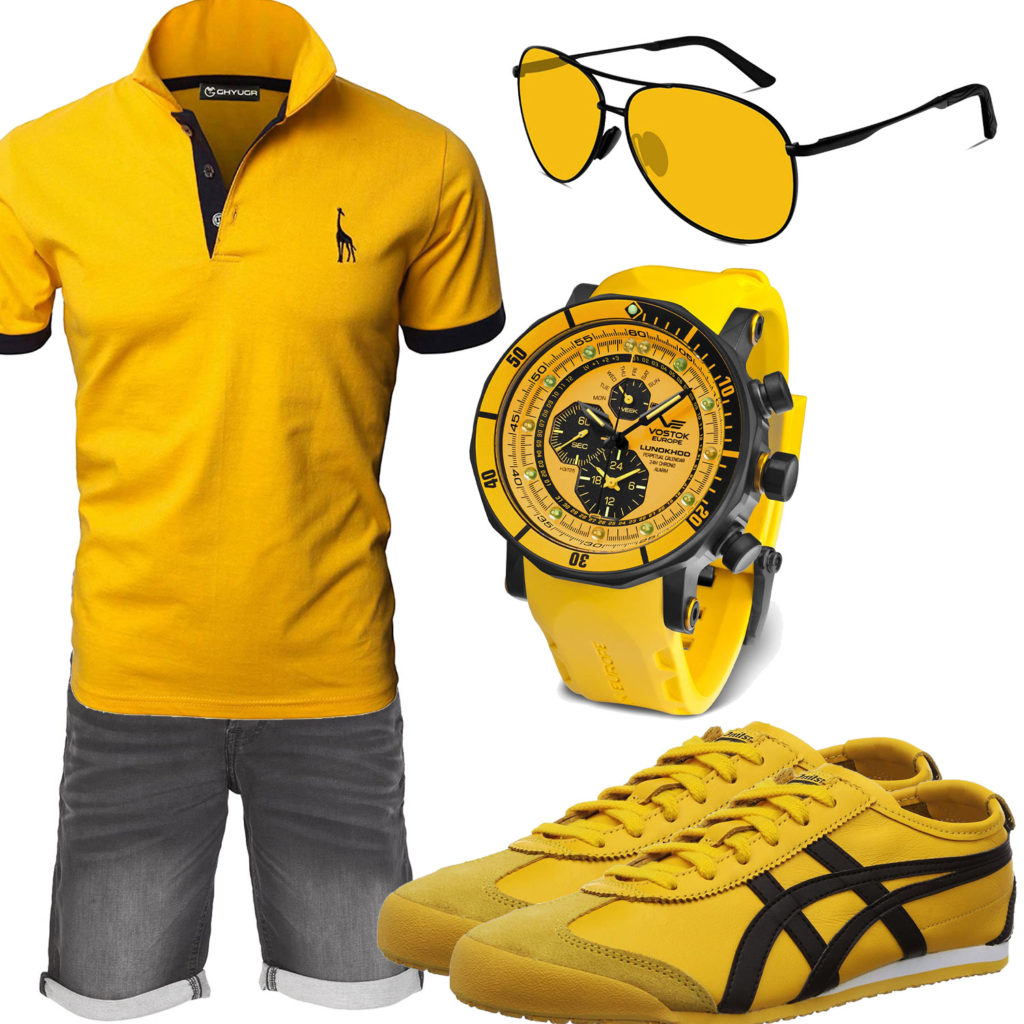 Gelb-Schwarzes Herrenoutfit mit Uhr und Sneakern