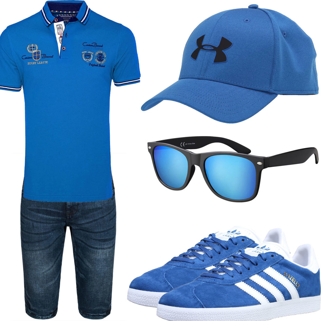 Blaues Herrenoutfit mit Poloshirt, Cap und Adidas Sneakern