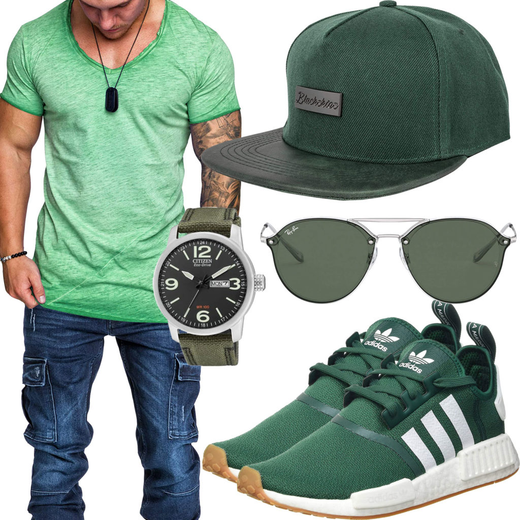Grünes Herrenoutfit mit Cap, Shirt und Uhr
