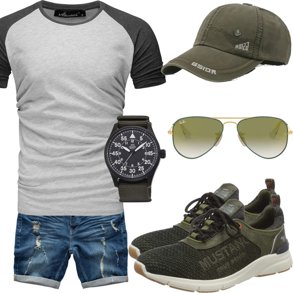 Grünes Herrenoutfit mit Cap, Sneakern und Brille