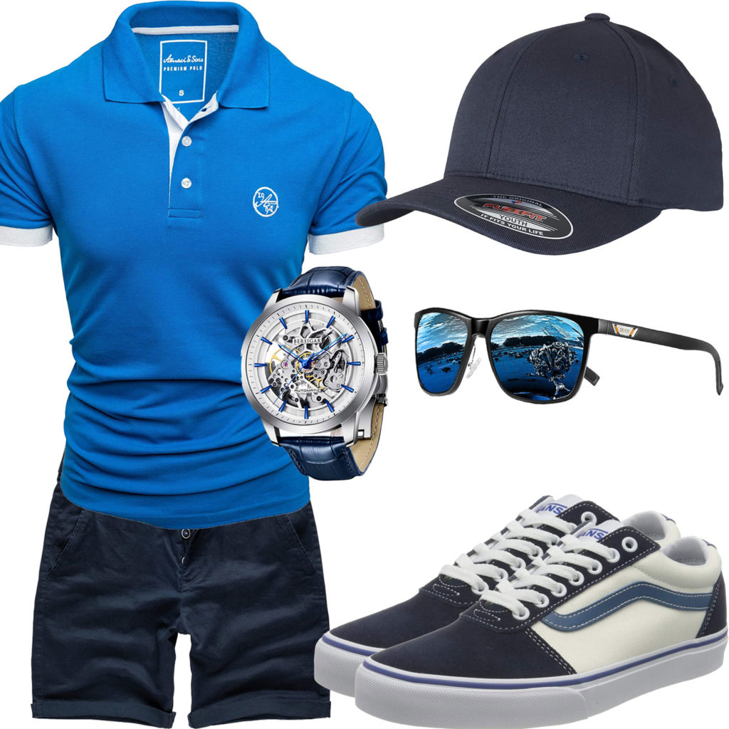 Blaues Herrenoutfit mit Poloshirt und Shorts