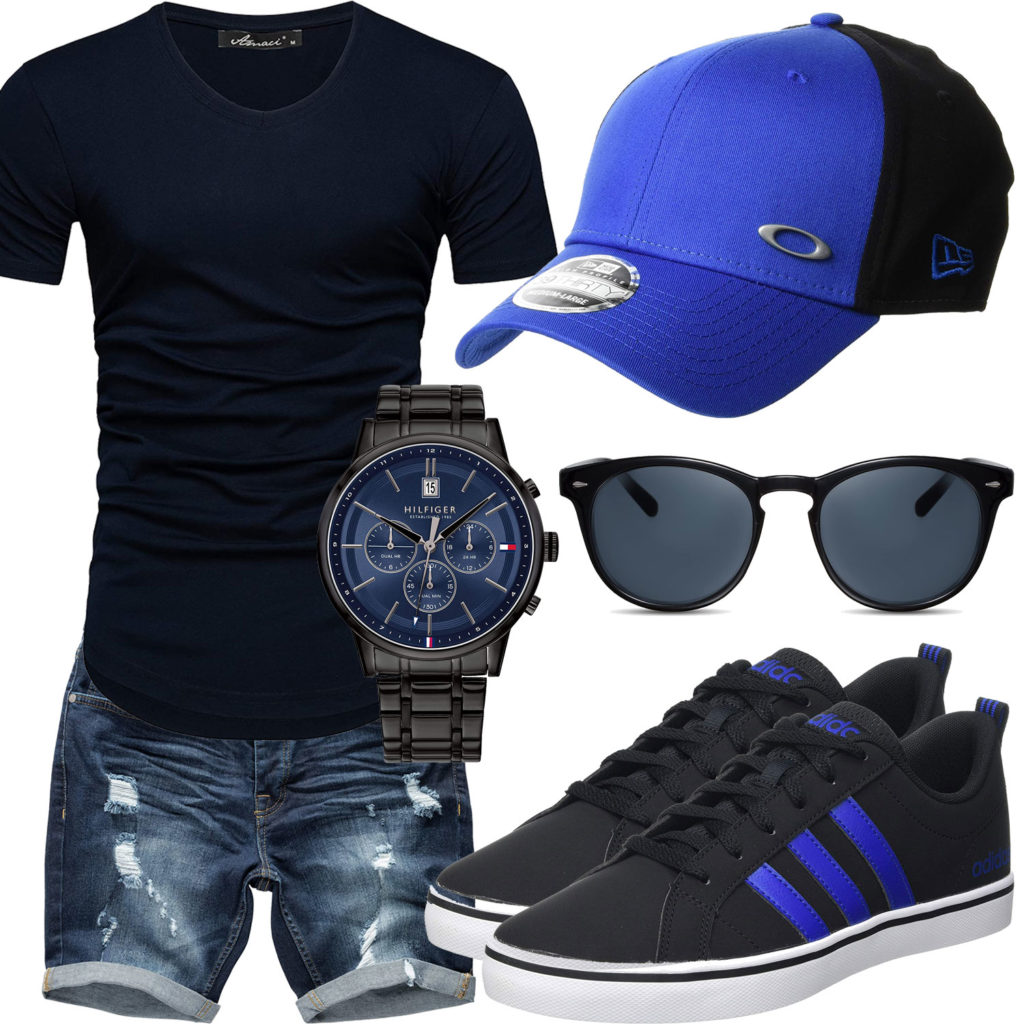Blau-Schwarzes Herrenoutfit mit Cap und Uhr