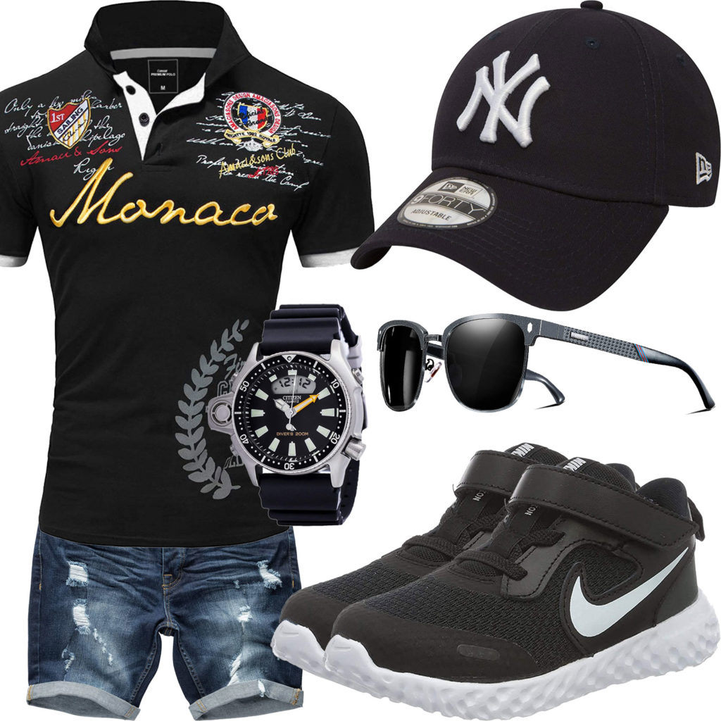 Schwarzes Herrenoutfit mit Poloshirt, Cap und Uhr