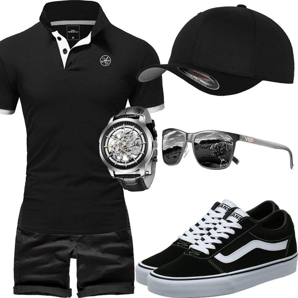 Schwarzes Herrenoutfit mit Poloshirt, Uhr und Cap