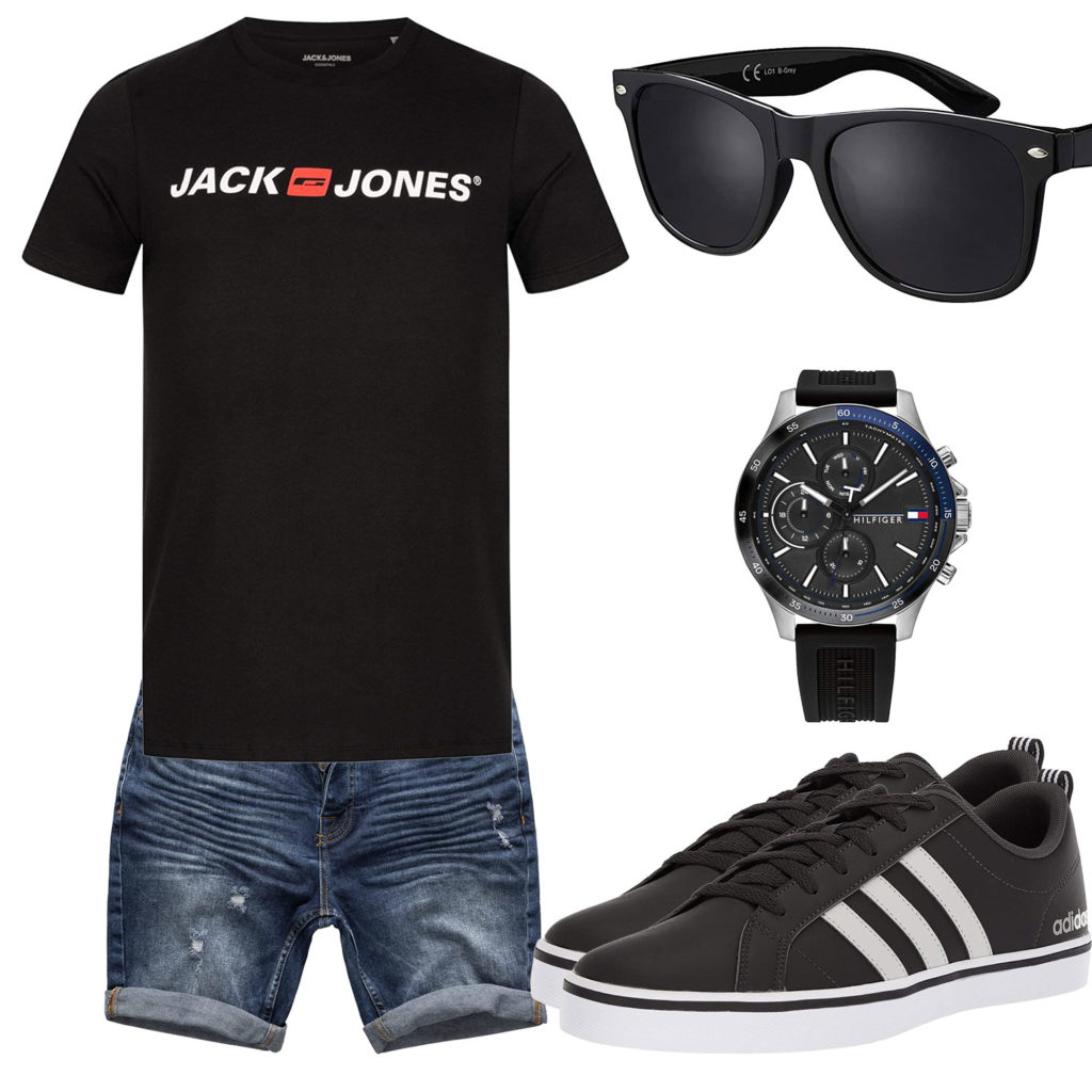Schwarzes Sommer-Herrenoutfit mit Sonnenbrille und Uhr