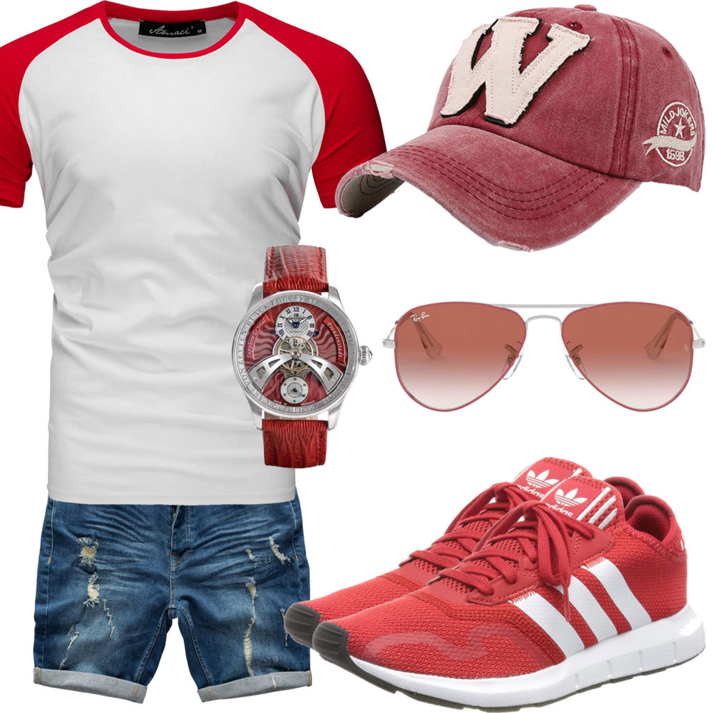 Weiß-Rotes Herrenoutfit mit Shirt, Cap und Sneakern