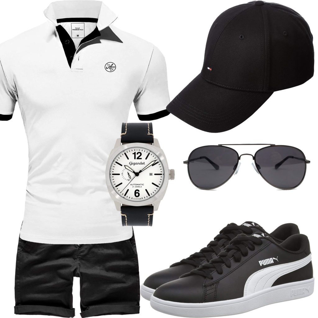 Schwarz-Weißes Herrenoutfit mit Poloshirt und Cap