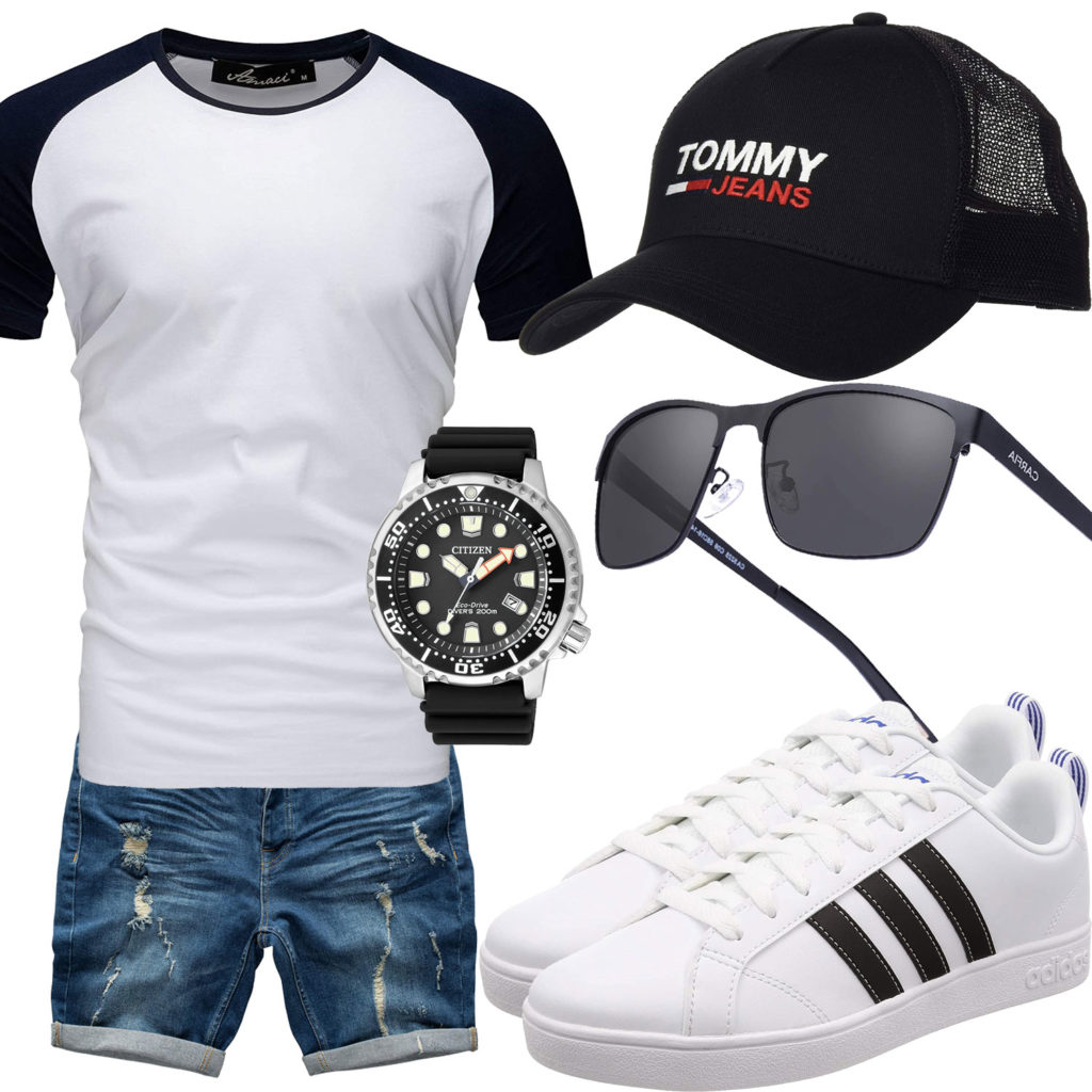 Sommer-Style mit schwarz-weißem Shirt und Sneakern