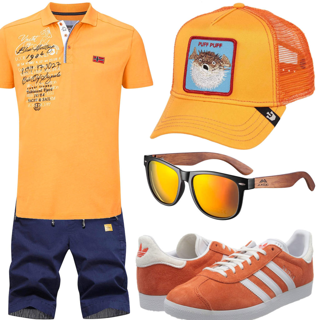 Oranges Herrenoutfit mit Poloshirt, Sneakern und Cap