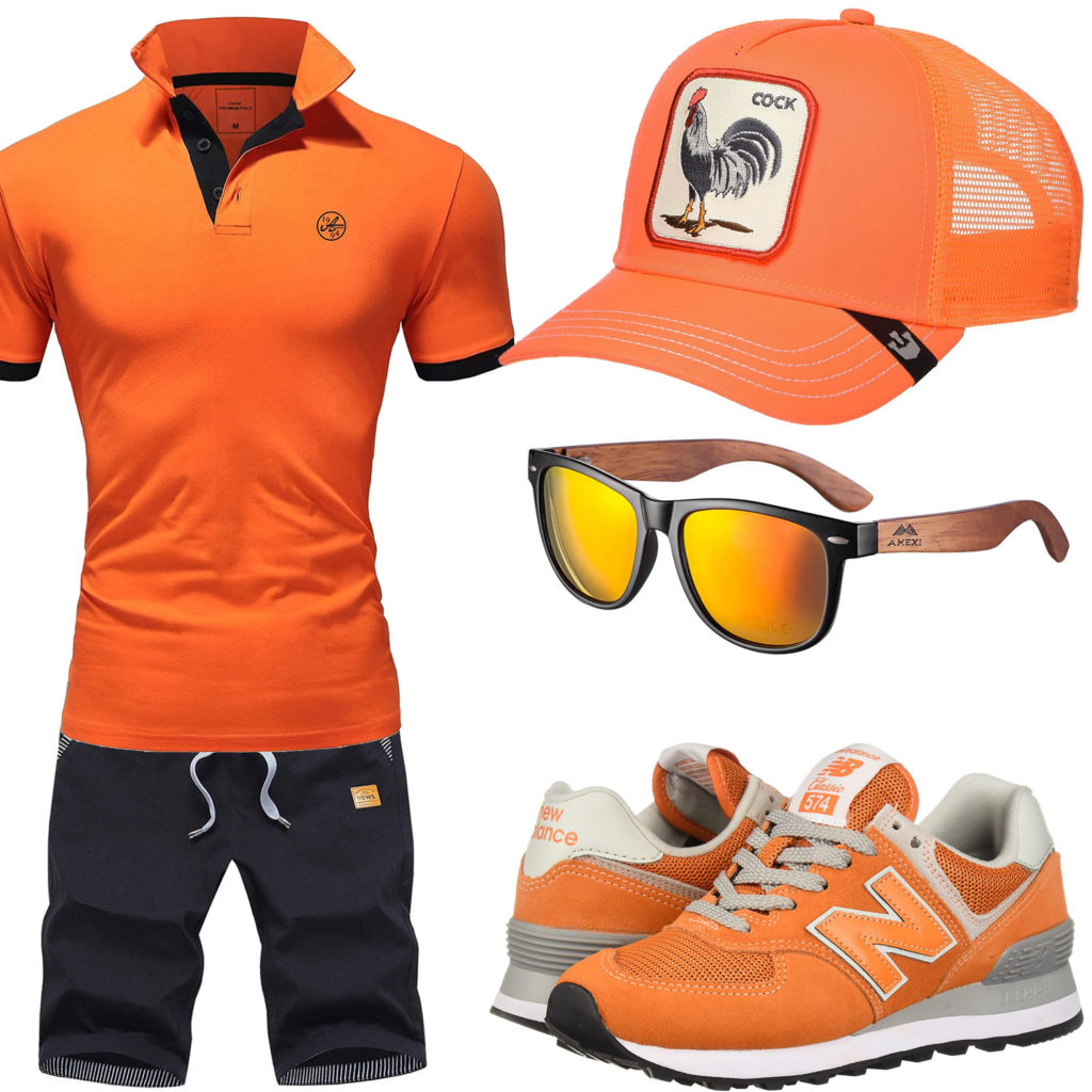 Orange-Schwarzes Herrenoutfit mit Poloshirt und Cap