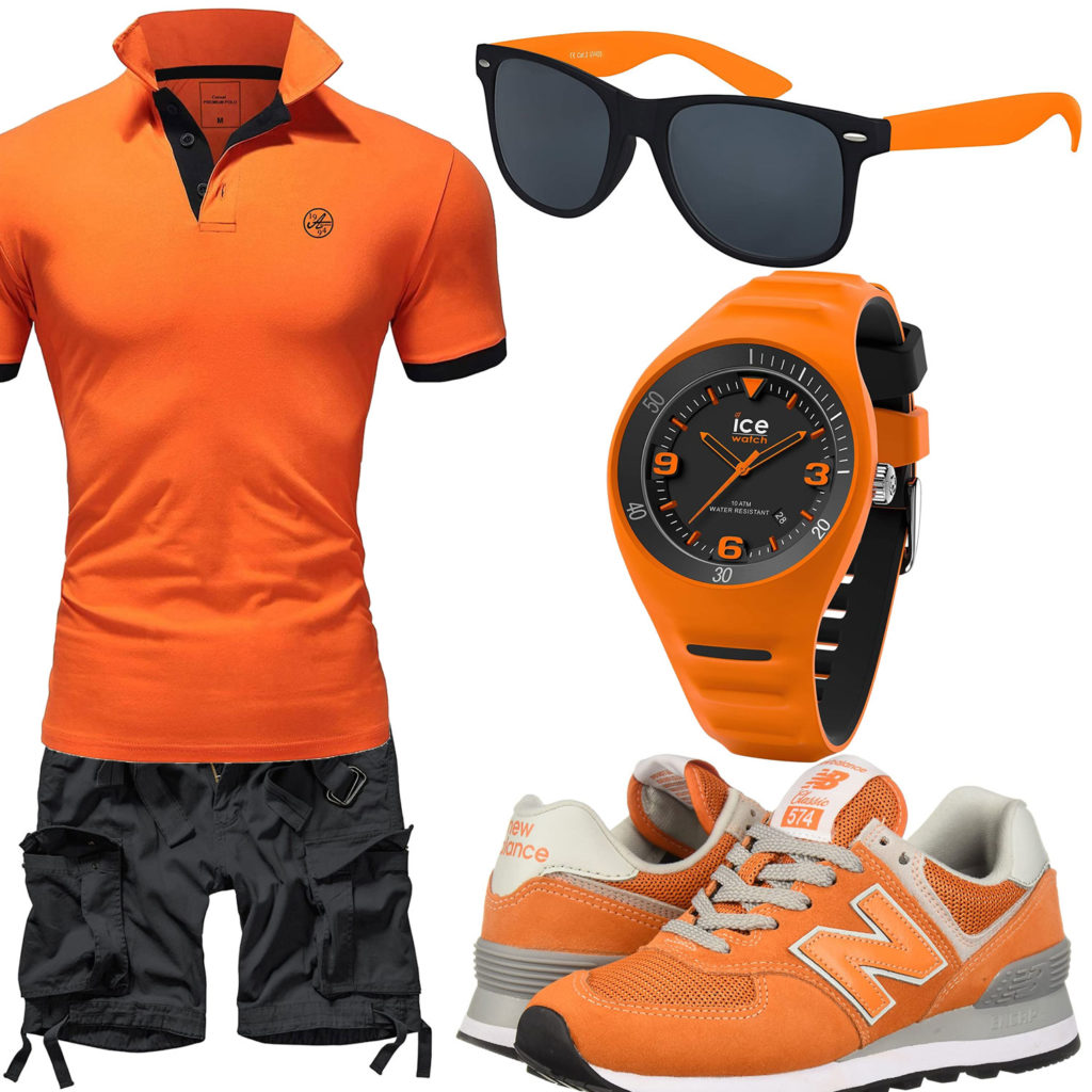 Orange-Schwarzes Herrenoutfit mit Sonnenbrille und Uhr