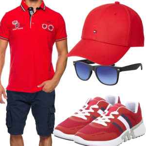 Rotes Herrenoutfit mit Poloshirt und Cap