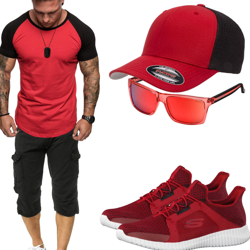 Rot-Schwarzes Herrenoutfit mit Cap und Shirt