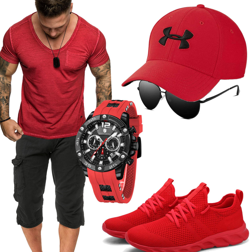 Schwarz-Rotes Herrenoutfit mit Shirt und Shorts