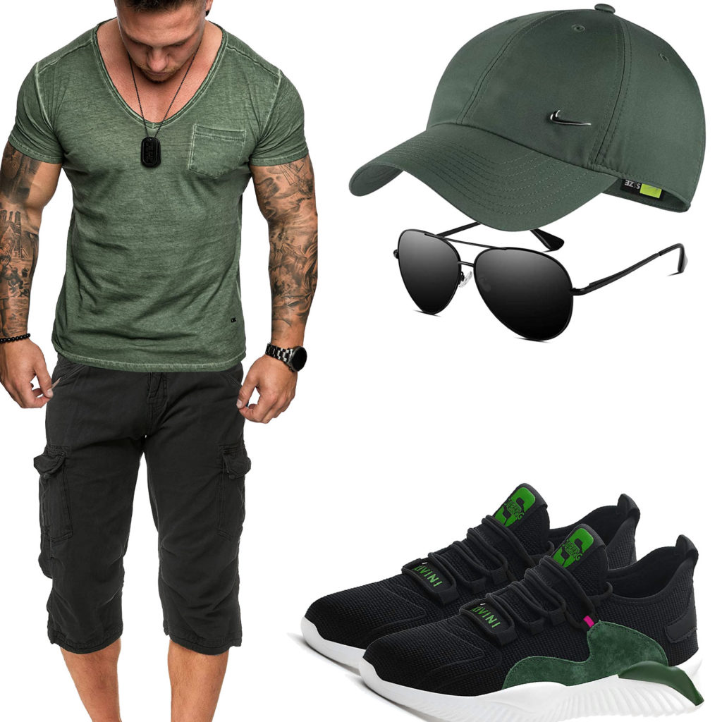 Schwarz-Grünes Herrenoutfit mit Shirt und Cap