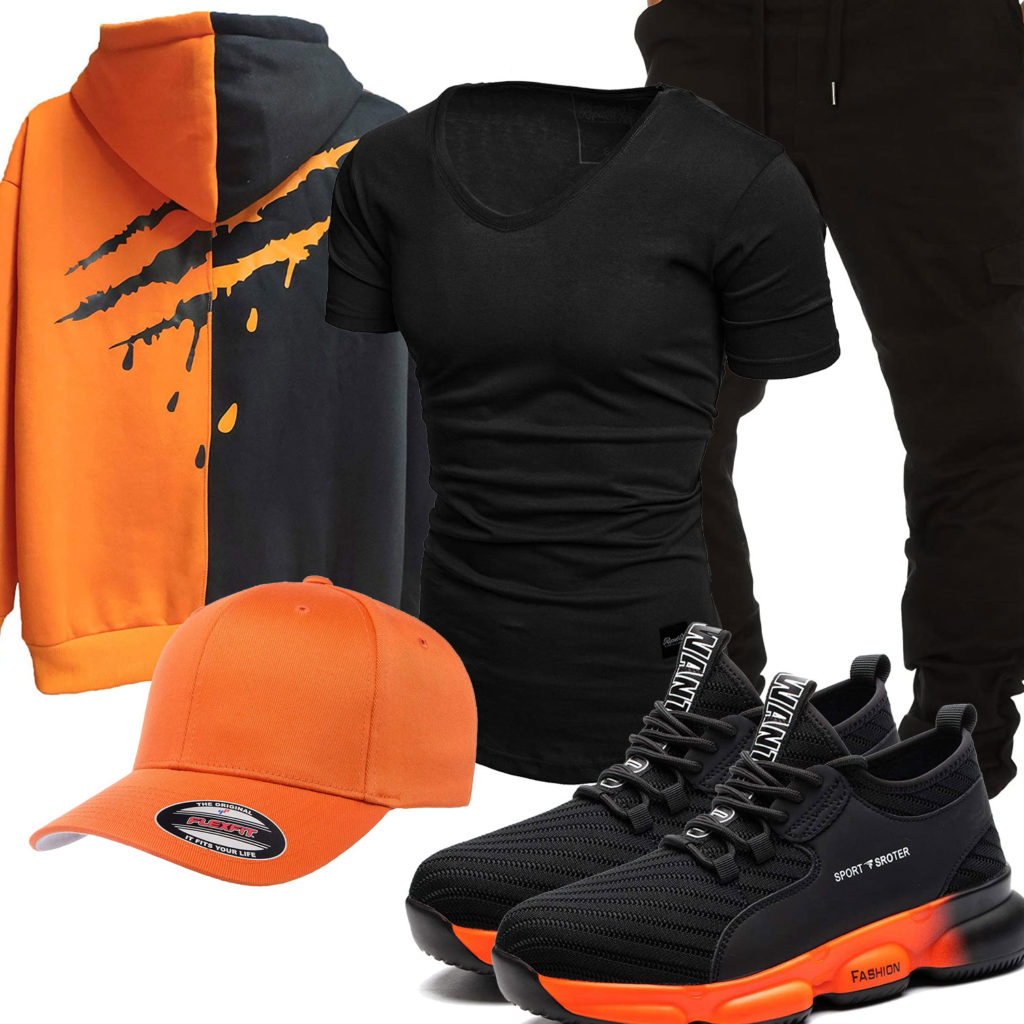 Schwarz-Oranges Herrenoutfit mit Hoodie, Shirt und Cap