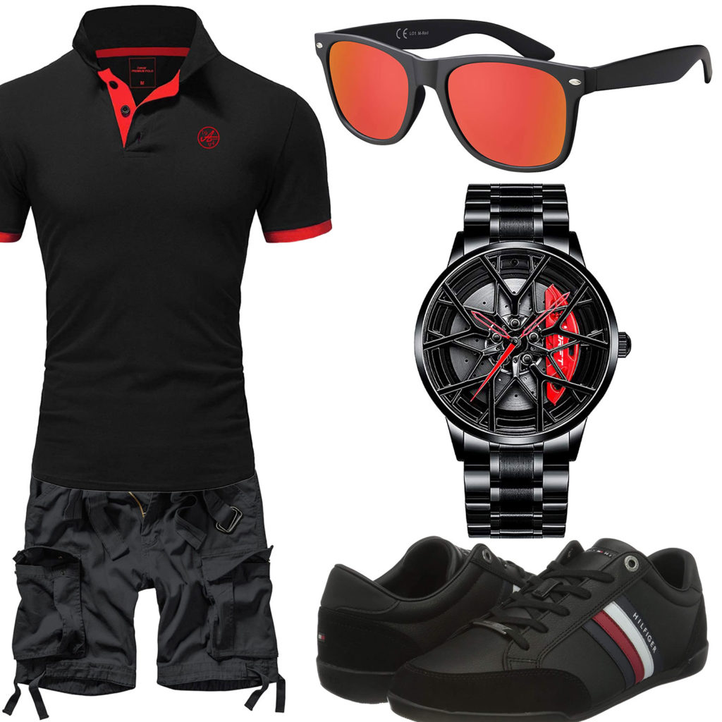 Schwarz-Roter Style mit Poloshirt und Uhr