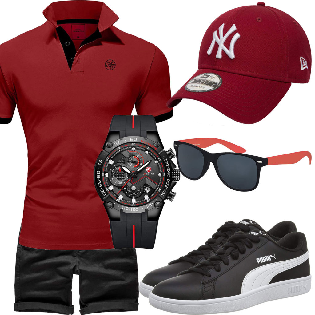 Schwarz-Roter Style mit Poloshirt und Cap