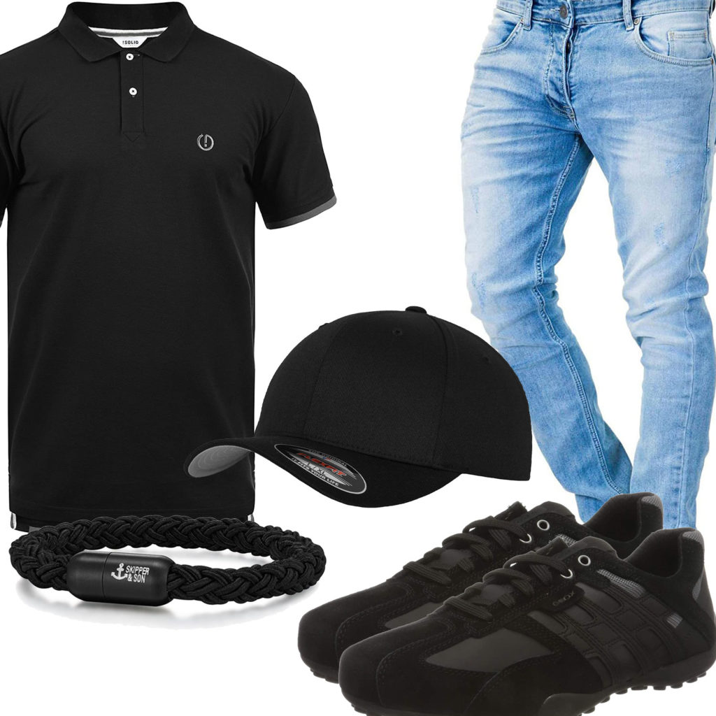 Schwarzes Herrenoutfit mit Poloshirt und Armband