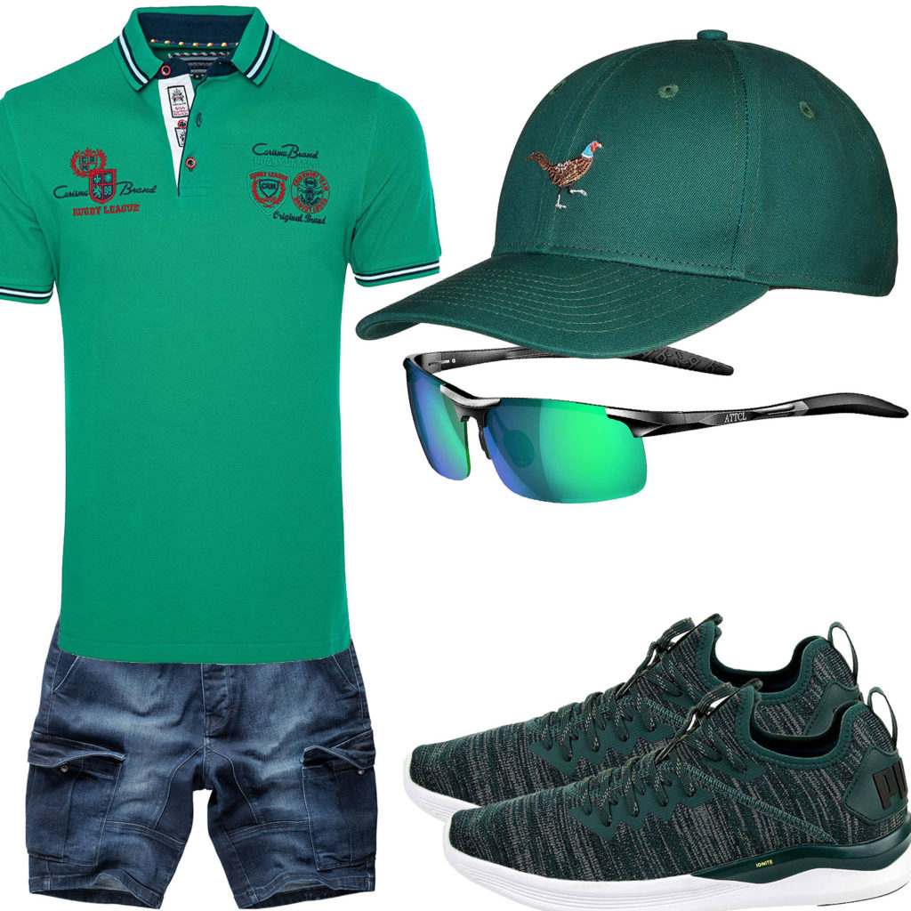 Grünes Herrenoutfit mit Poloshirt, Cap und Sneakern