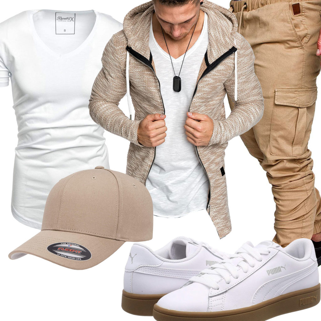 Beige-Weißes Herrenoutfit mit Shirt und Hoodie