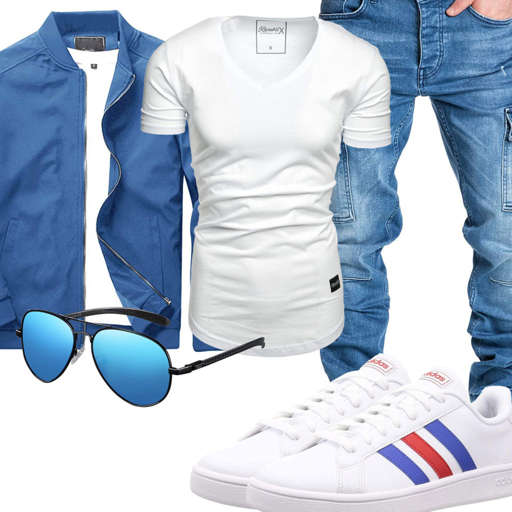 Weiß-Blaues Herrenoutfit mit Shirt und Jacke