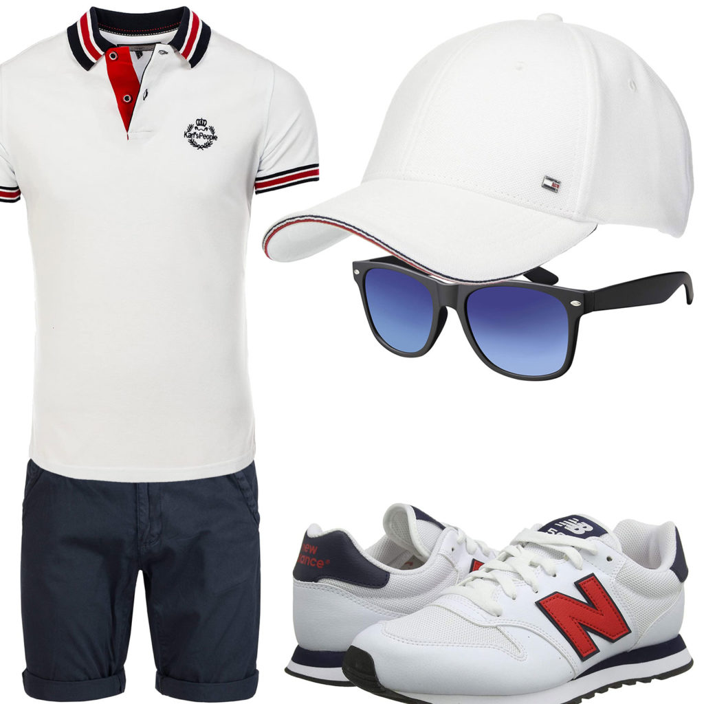 Weißes Herrenoutfit mit Poloshirt, Cap und Sneakern