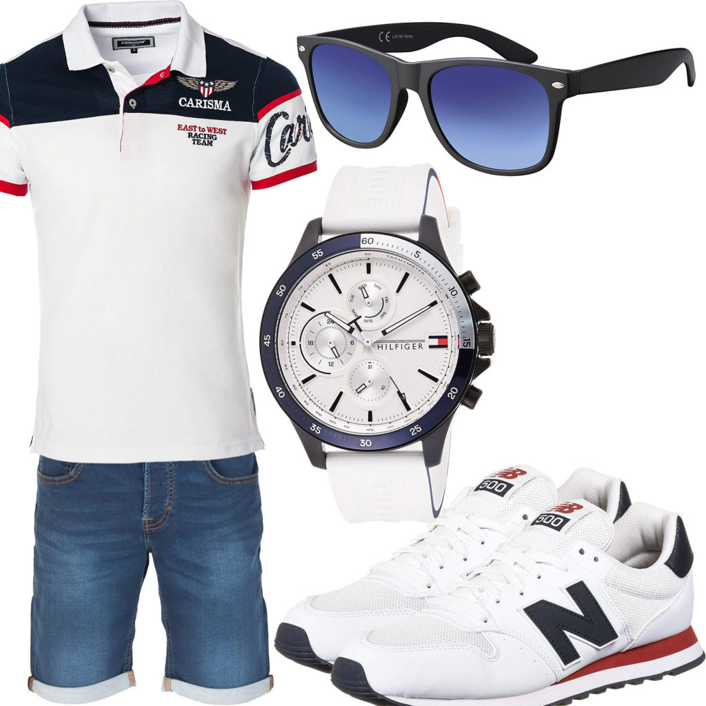 Weißes Herrenoutfit mit Poloshirt, Uhr und Sneakern
