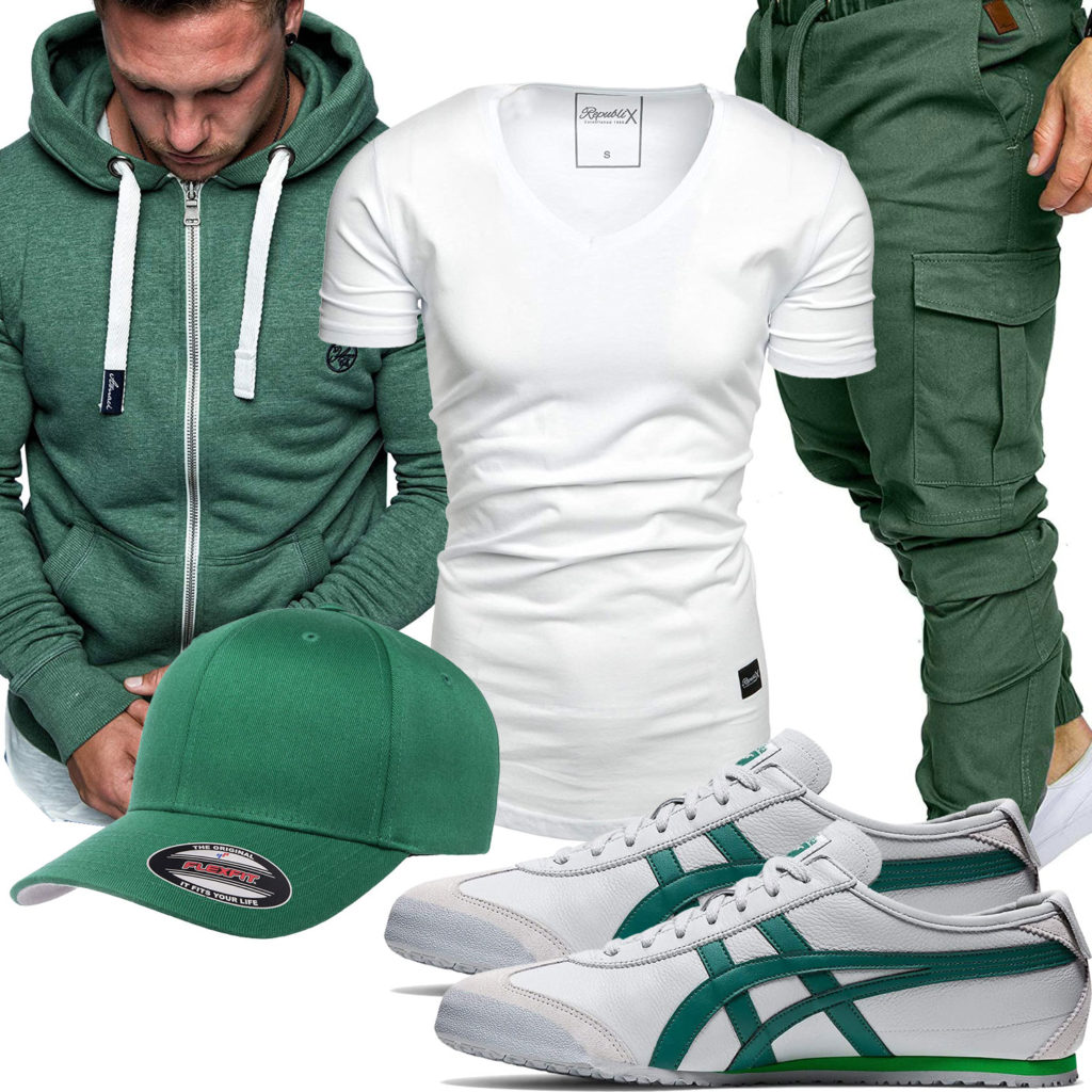 Grün-Weißes Herrenoutfit mit Hoodie, Cap und Hose