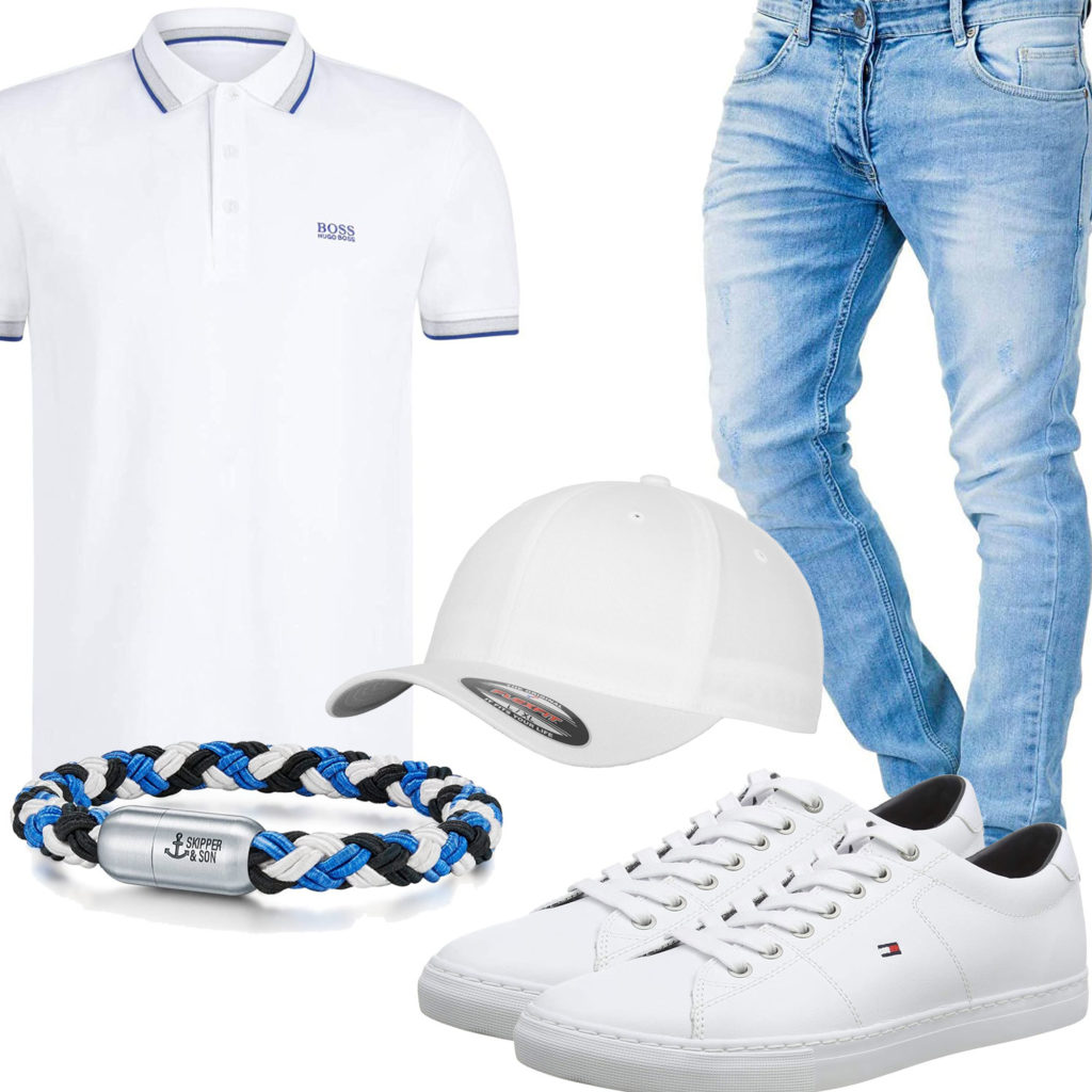Weißes Herrenoutfit mit Poloshirt, Cap und Sneakern