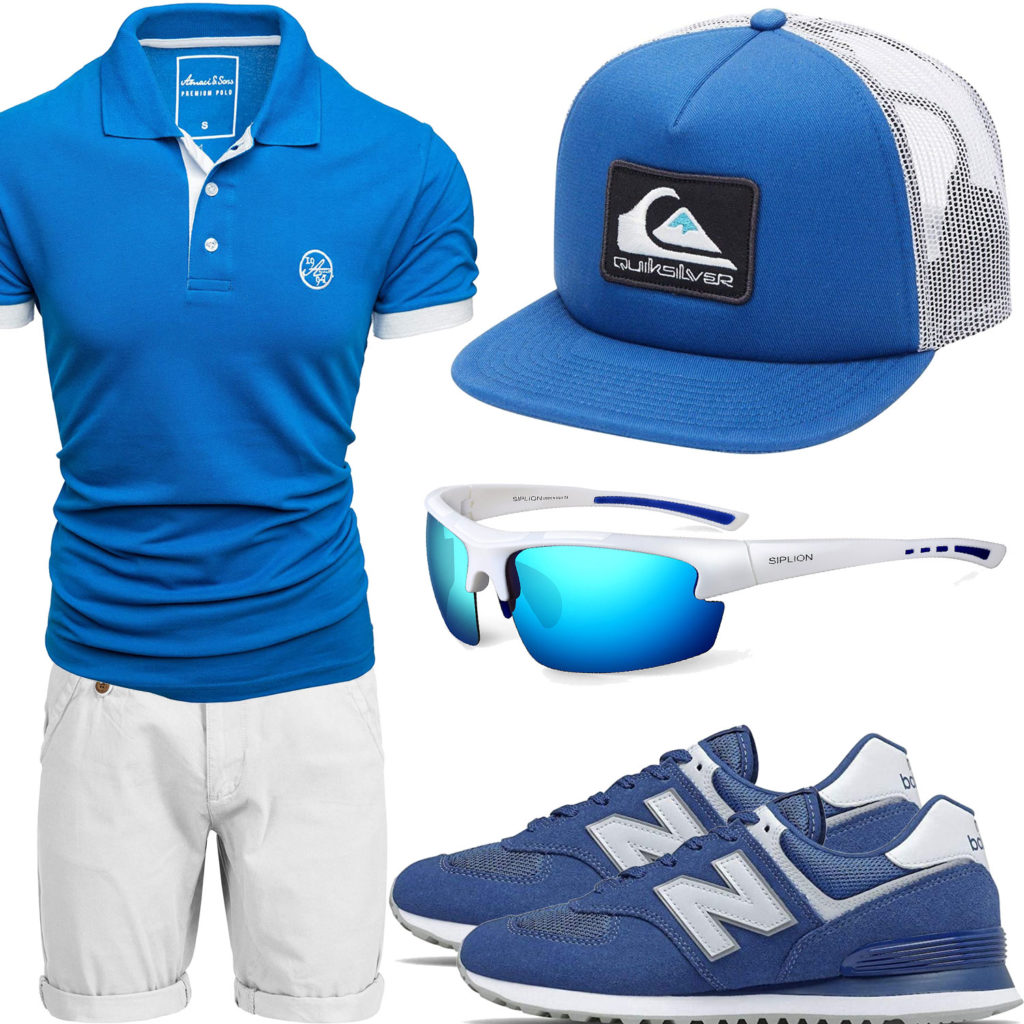 Blau-Weißes Herrenoutfit mit Shorts, Cap und Brille