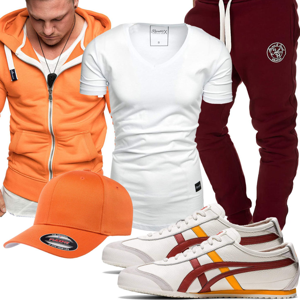 Orange-Weißes Herrenoutfit mit roter Jogginghose