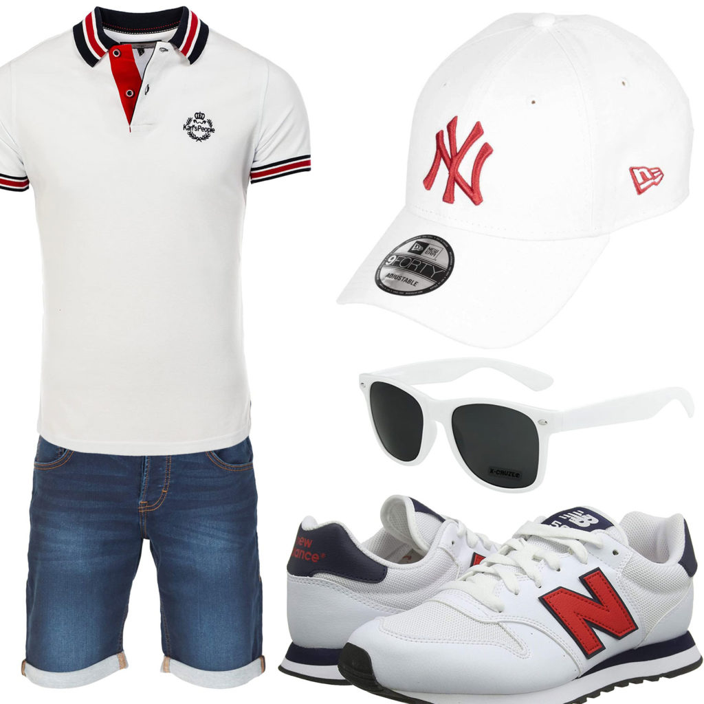 Weiß-Rotes Herrenoutfit mit Poloshirt, Cap und Sneakern