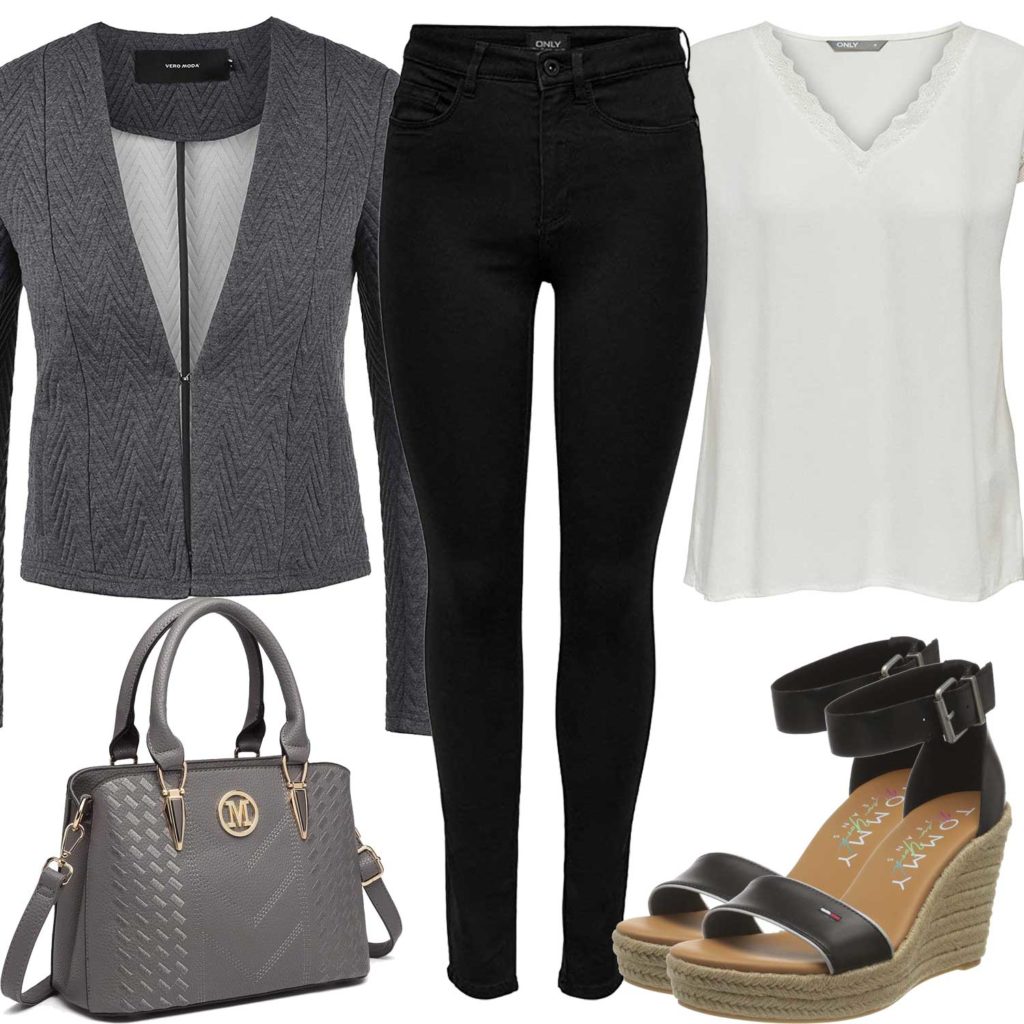 Damen-Style mit schwarzer Jeans, Bluse und Blazer