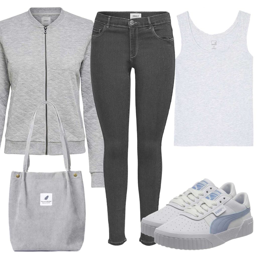 Grau-Weißes Damenoutfit mit Top und Jeans
