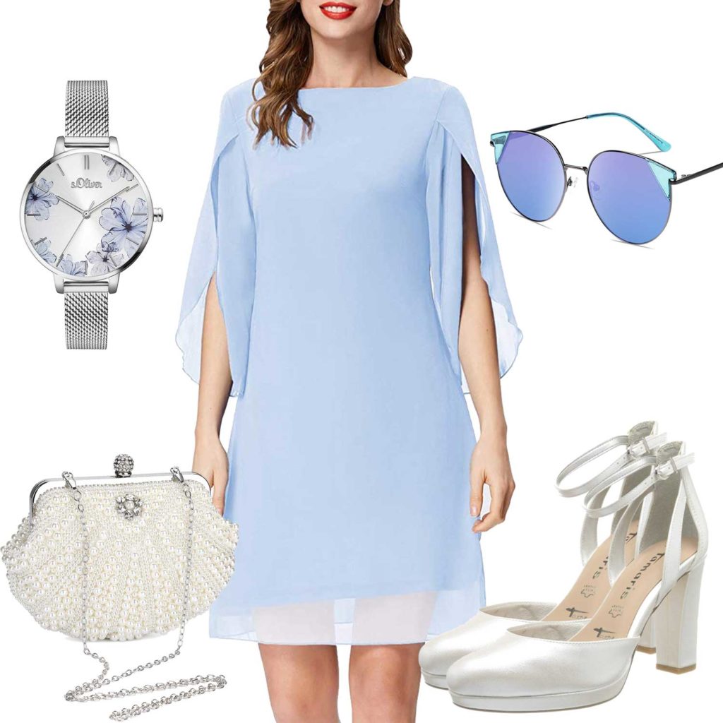 Sommer-Damenoutfit mit blauem Kleid und Sonnenbrille
