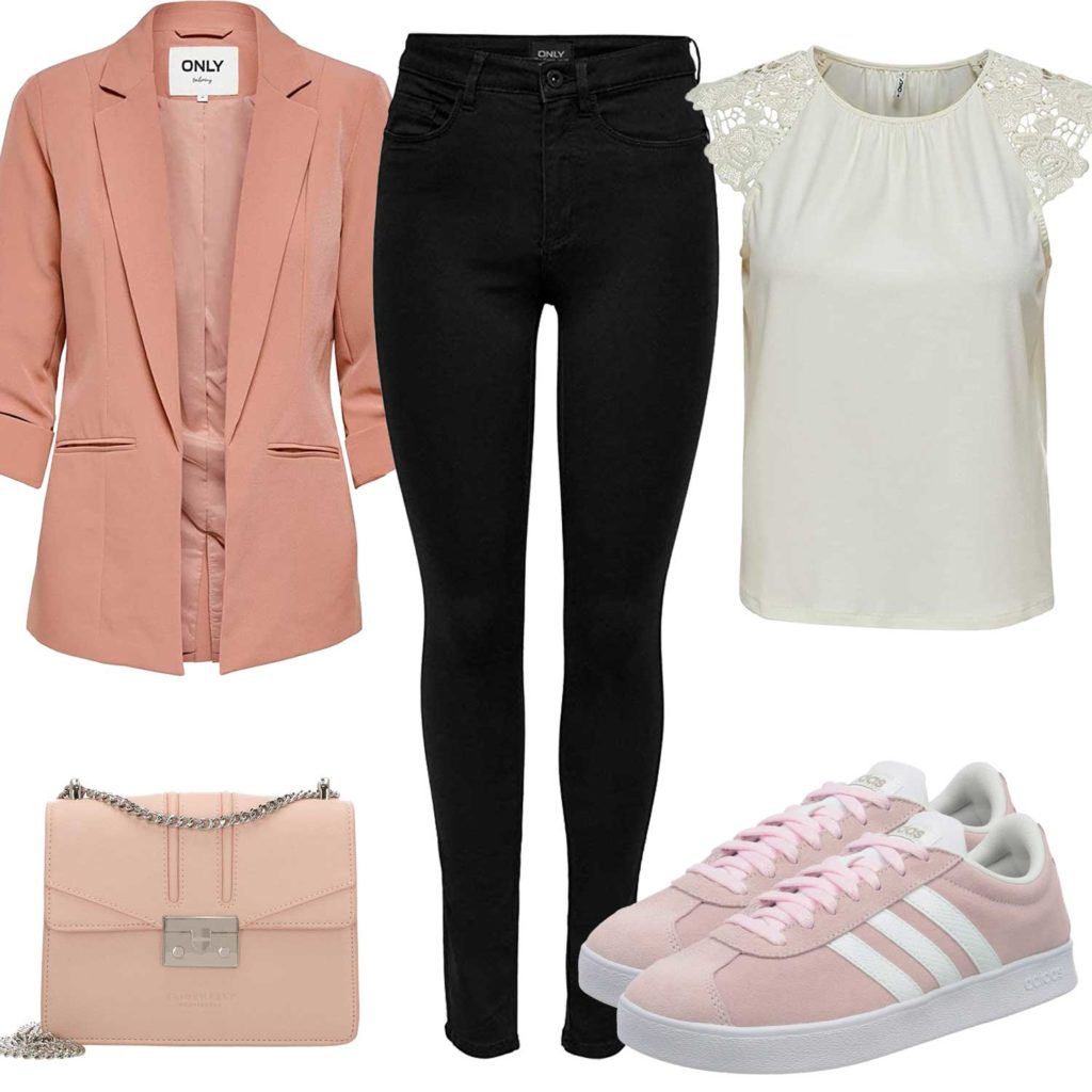 Eleganter Damen-Style mit Bluse, Blazer und Sneakern