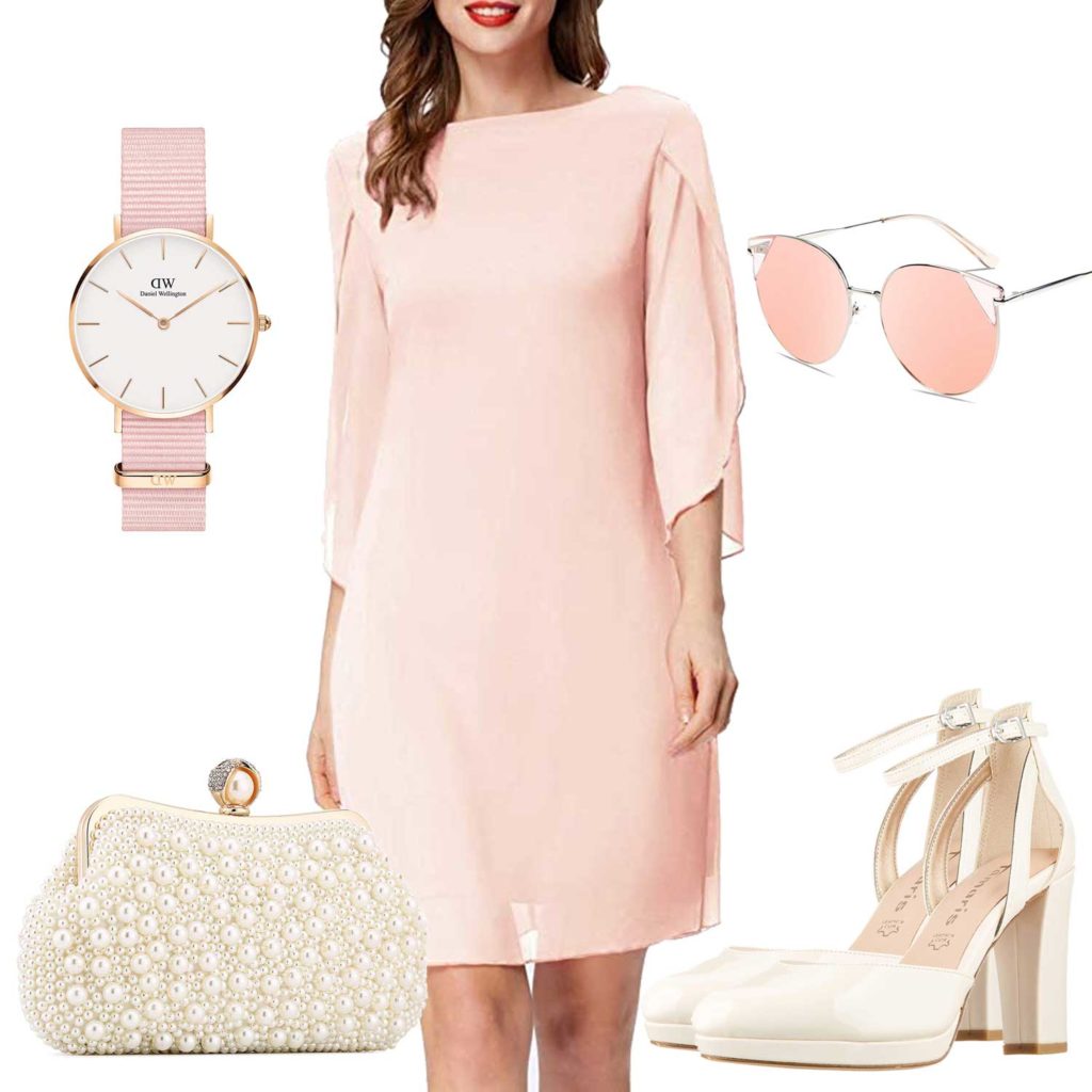 Rosa Damenoutfit mit Sommerkleid, Tasche und Uhr