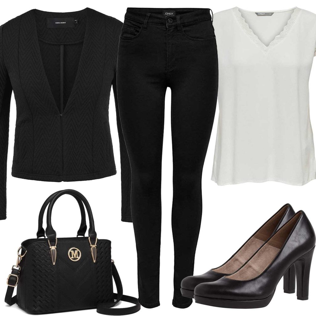 Schwarz-Weißes Damenoutfit mit Bluse und Blazer