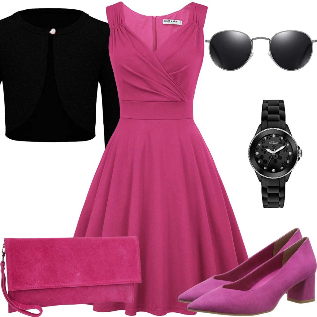 Pink-Schwarzes Damenoutfit mit Kleid und Strickjacke