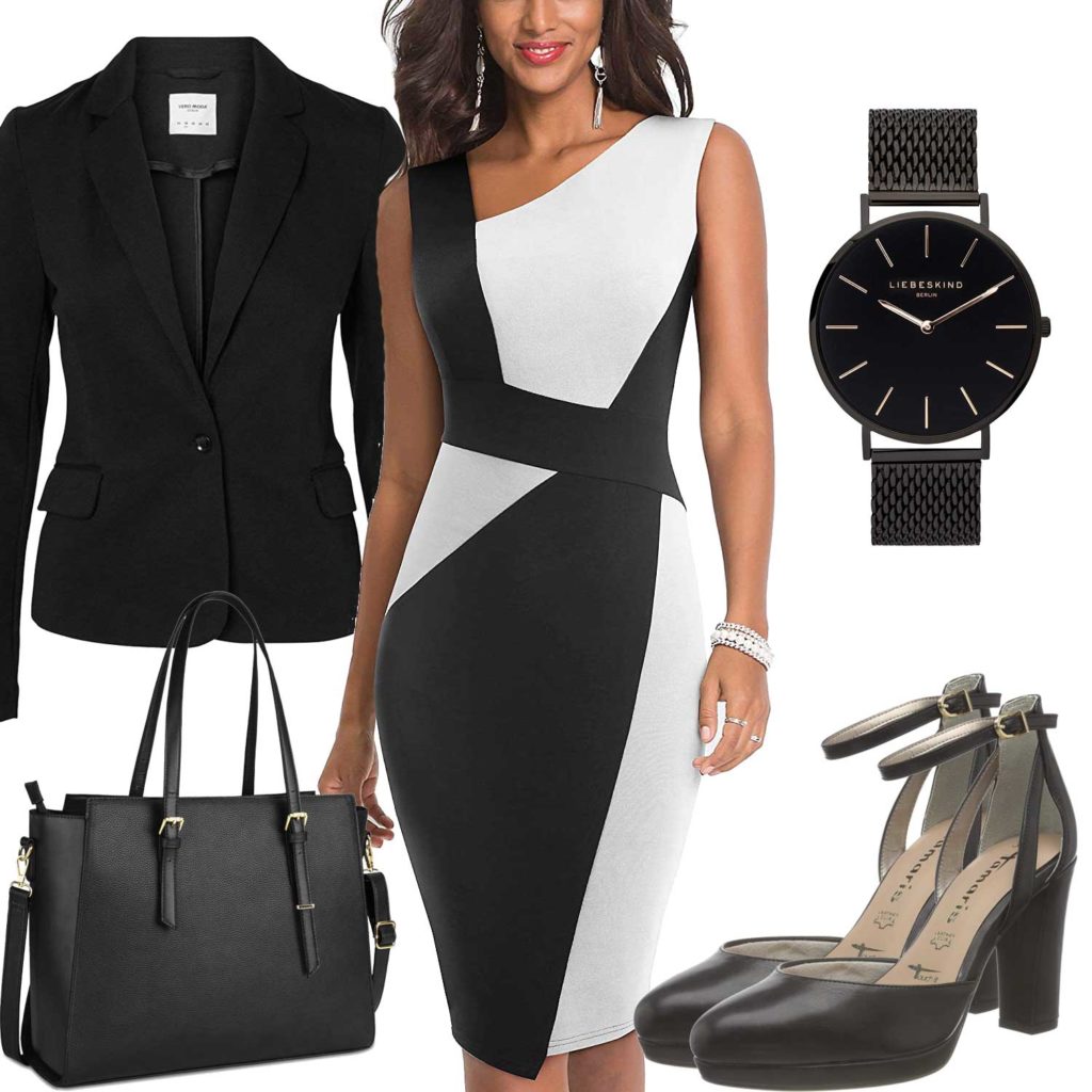 Business-Damenoutfit mit Kleid, Blazer und Uhr