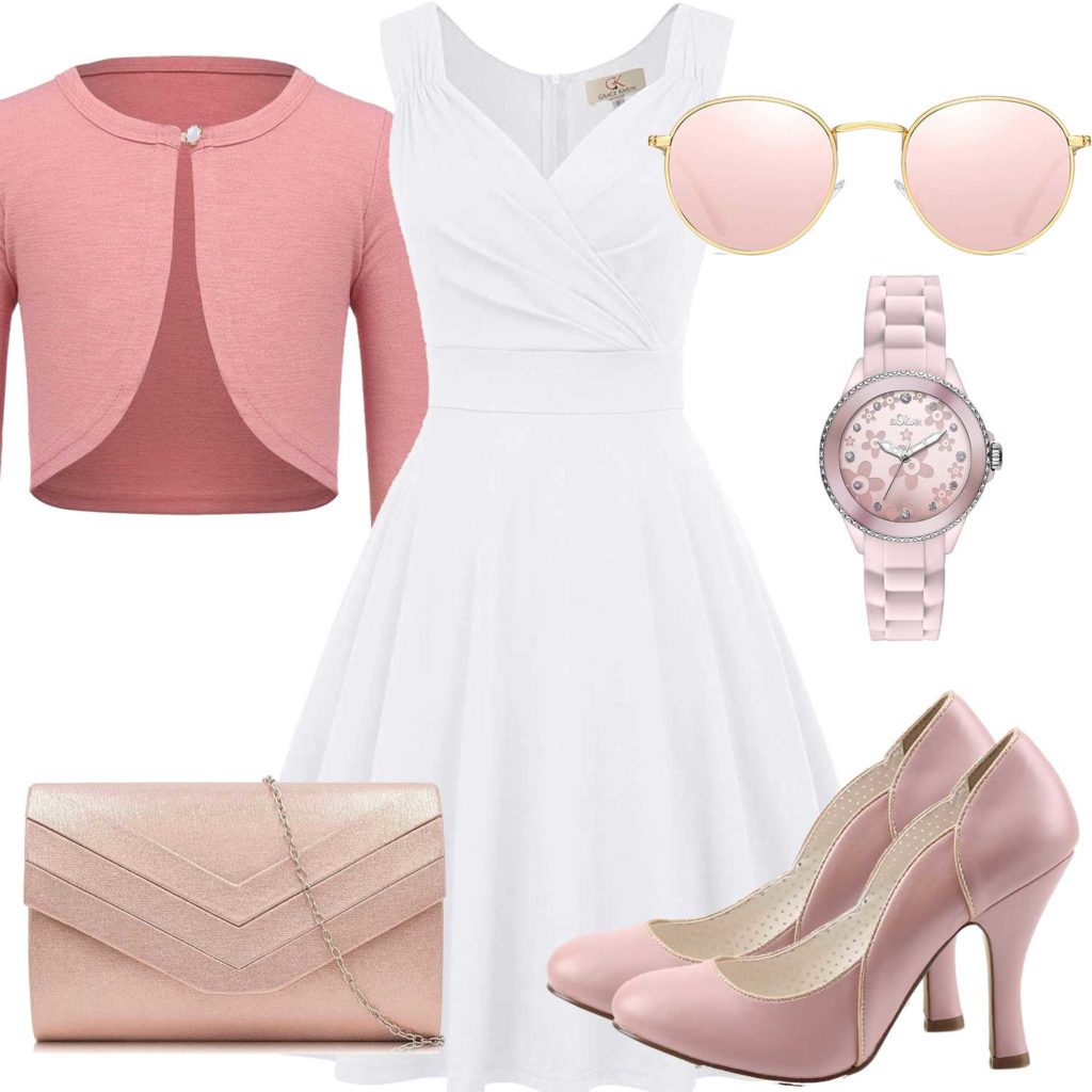 Rosa-Weißes Damenoutfit mit Kleid und Pumps
