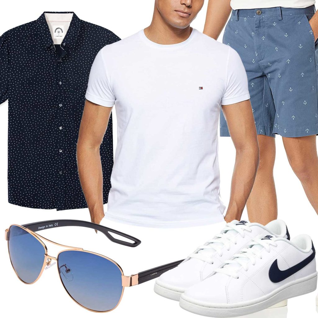 Weiß-Blaues Herrenoutfit mit Hemd, Shirt und Shorts