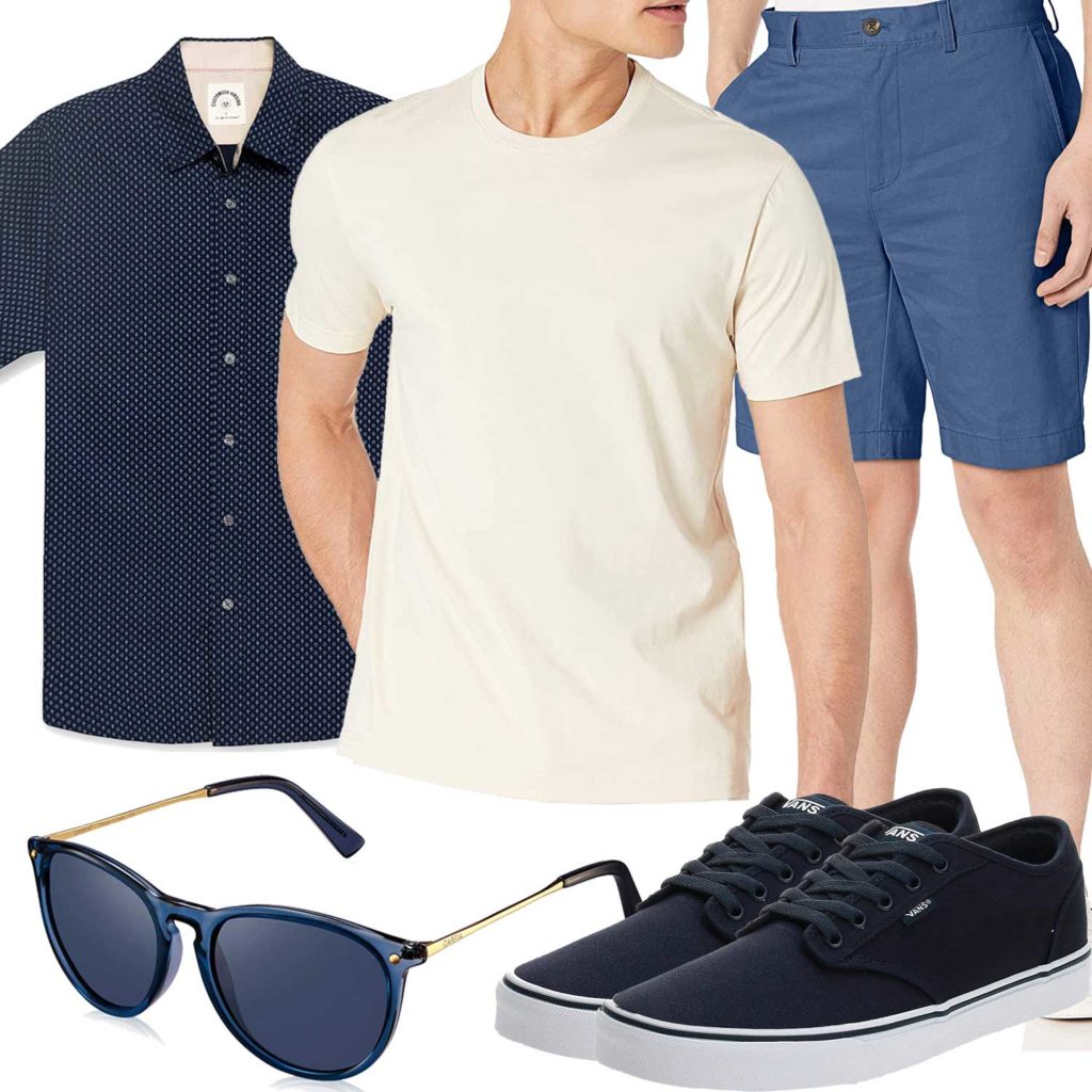 Sommer-Herrenoutfit mit Shirt, Hemd und Shorts
