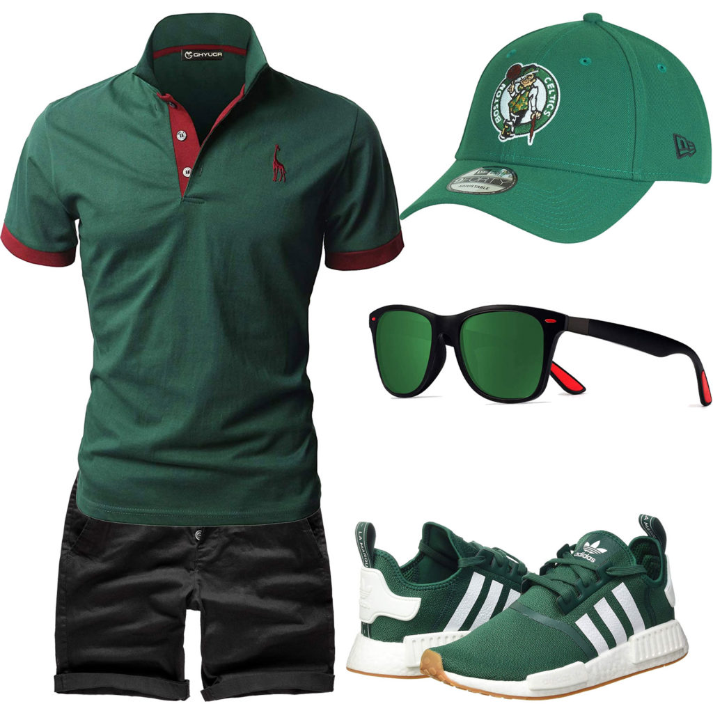 Grünes Herrenoutfit mit Poloshirt, Brille und Cap