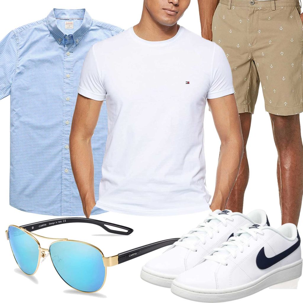 Sommer-Herrenoutfit mit weißem Shirt und Nike's