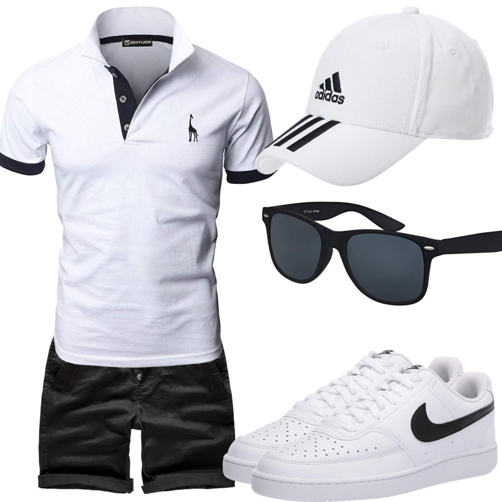 Schwarz-Weißes Sommer-Herrenoutfit mit Cap und Nikes