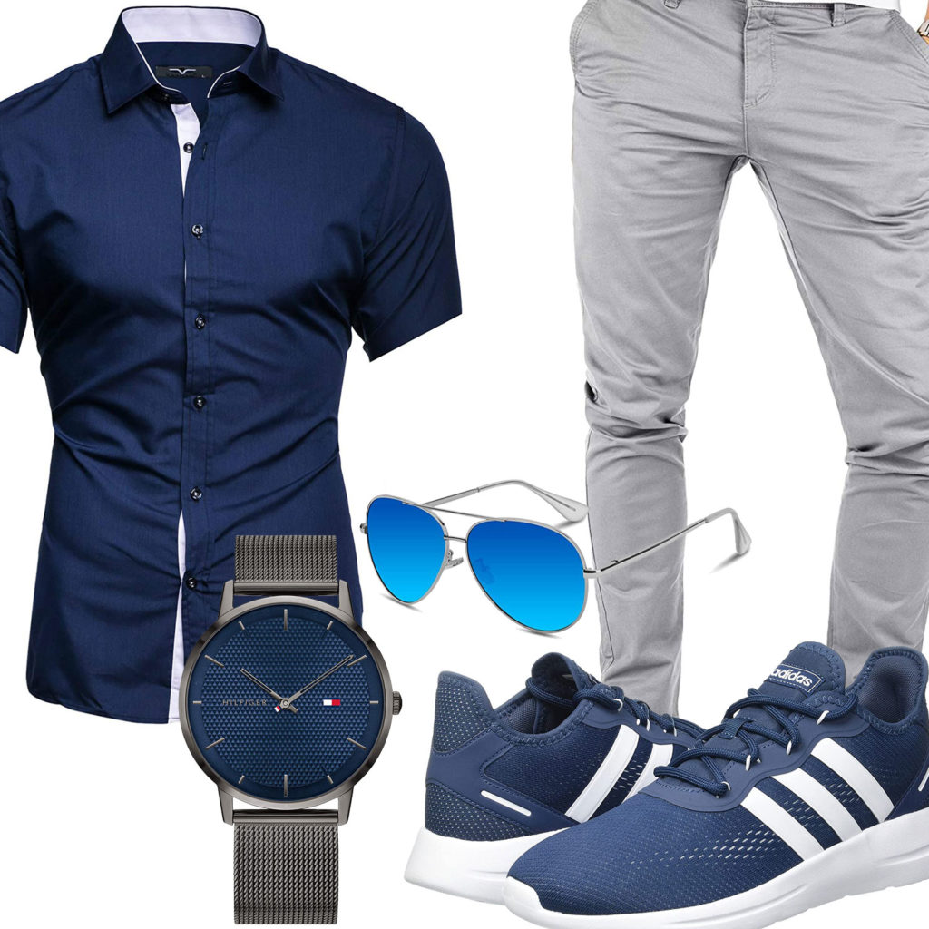 Blau-Graues Herrenoutfit mit Hemd, Chino und Uhr