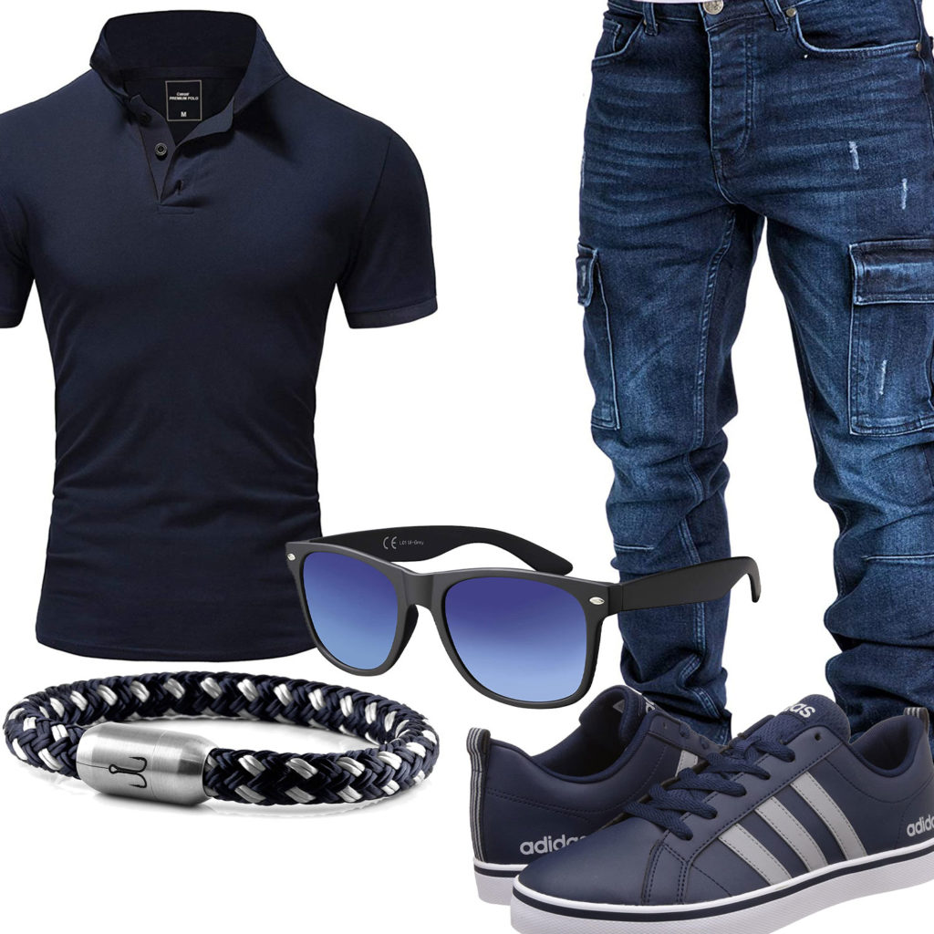 Dunkelblaues Herrenoutfit mit Jeans, Poloshirt und Sneakern